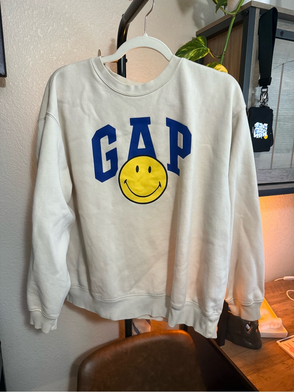 GAP Cream Crewneck with Blue Logo and Yellow Smiley